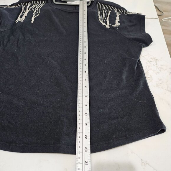 Rebecca Minkoff Black Knit Top Large Silver Bead Fringe Short Sleeves Designer - Picture 8 of 9